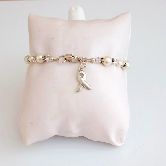 925 Pearl & Crystal Bracelet 7.5" SIC Sterling Silver Breast Cancer Awareness - Picture 7 of 9